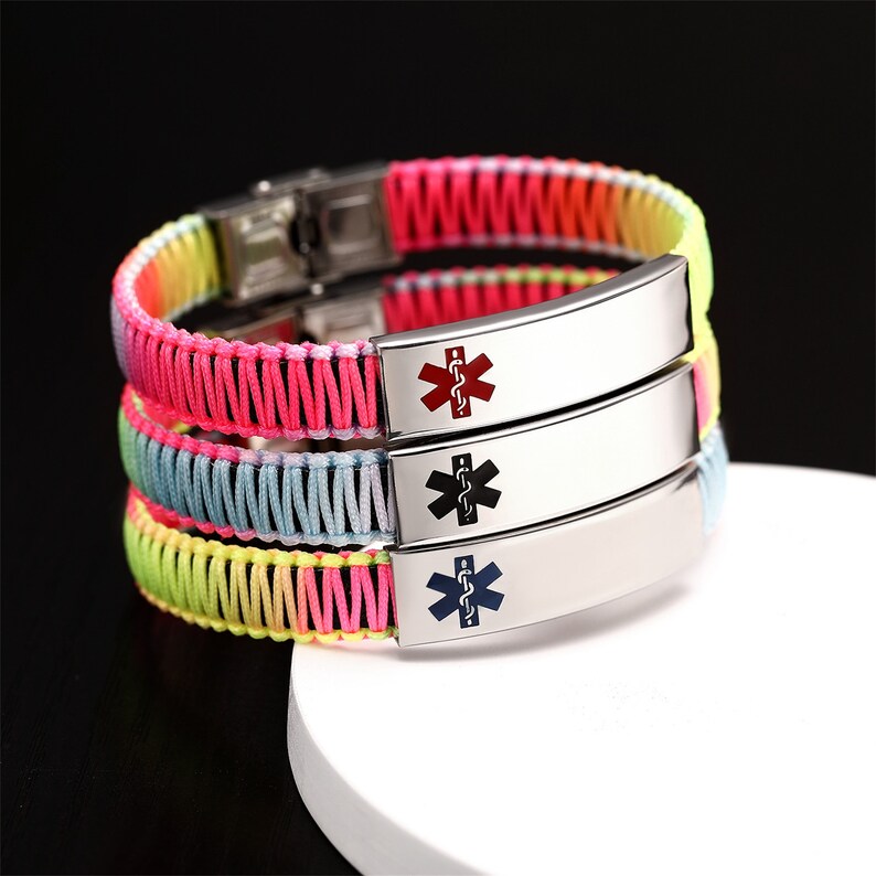 Customized Stylish Medical Alert ID Bracelet for Women Multicolor Nylon Rope Handmade Braided Hypoallergenic Awareness Bangle Bracelet