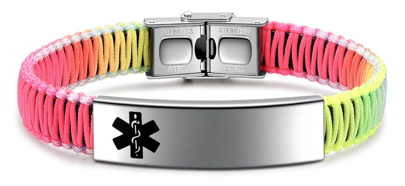 Customized Stylish Medical Alert ID Bracelet for Women Multicolor Nylon Rope Handmade Braided Hypoallergenic Awareness Bangle Bracelet