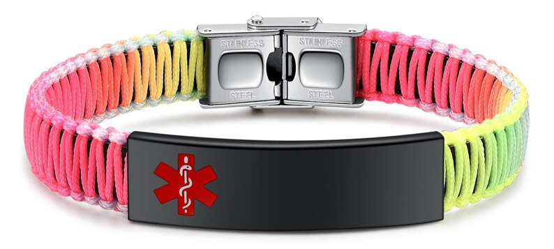 Customized Stylish Medical Alert ID Bracelet for Women Multicolor Nylon Rope Handmade Braided Hypoallergenic Awareness Bangle Bracelet