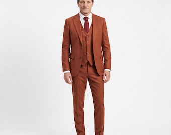 Mens Rust 3 Piece Suit | Terracotta Slim Fit Wedding Groom Suit | Bespoke Tailored Burnt Orange | Custom Made Autumn Suit | Made to Measure