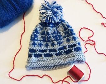 Light and dark blue Fair Isle knit pom-pom hat for kids