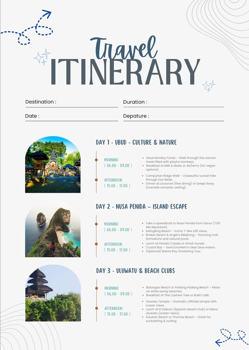 May include: A travel itinerary for a trip to Bali, Indonesia. The itinerary includes three days of activities, including visiting Ubud Monkey Forest, Nusa Penida, and Uluwatu Temple. The itinerary also includes information about where to eat and what to do in each location.