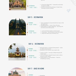 May include: A 7-day itinerary for a trip to Bali, Indonesia. The itinerary includes activities such as visiting the Ubud Monkey Forest, hiking Campuhan Ridge, taking a speedboat to Nusa Penida, relaxing on Balangan Beach, and visiting Uluwatu Temple. The itinerary also includes information about where to eat and what time to arrive at each location.