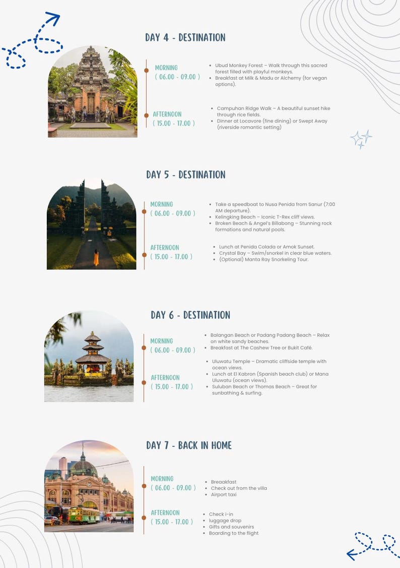 May include: A 7-day itinerary for a trip to Bali, Indonesia. The itinerary includes activities such as visiting the Ubud Monkey Forest, hiking Campuhan Ridge, taking a speedboat to Nusa Penida, relaxing on Balangan Beach, and visiting Uluwatu Temple. The itinerary also includes information about where to eat and what time to arrive at each location.