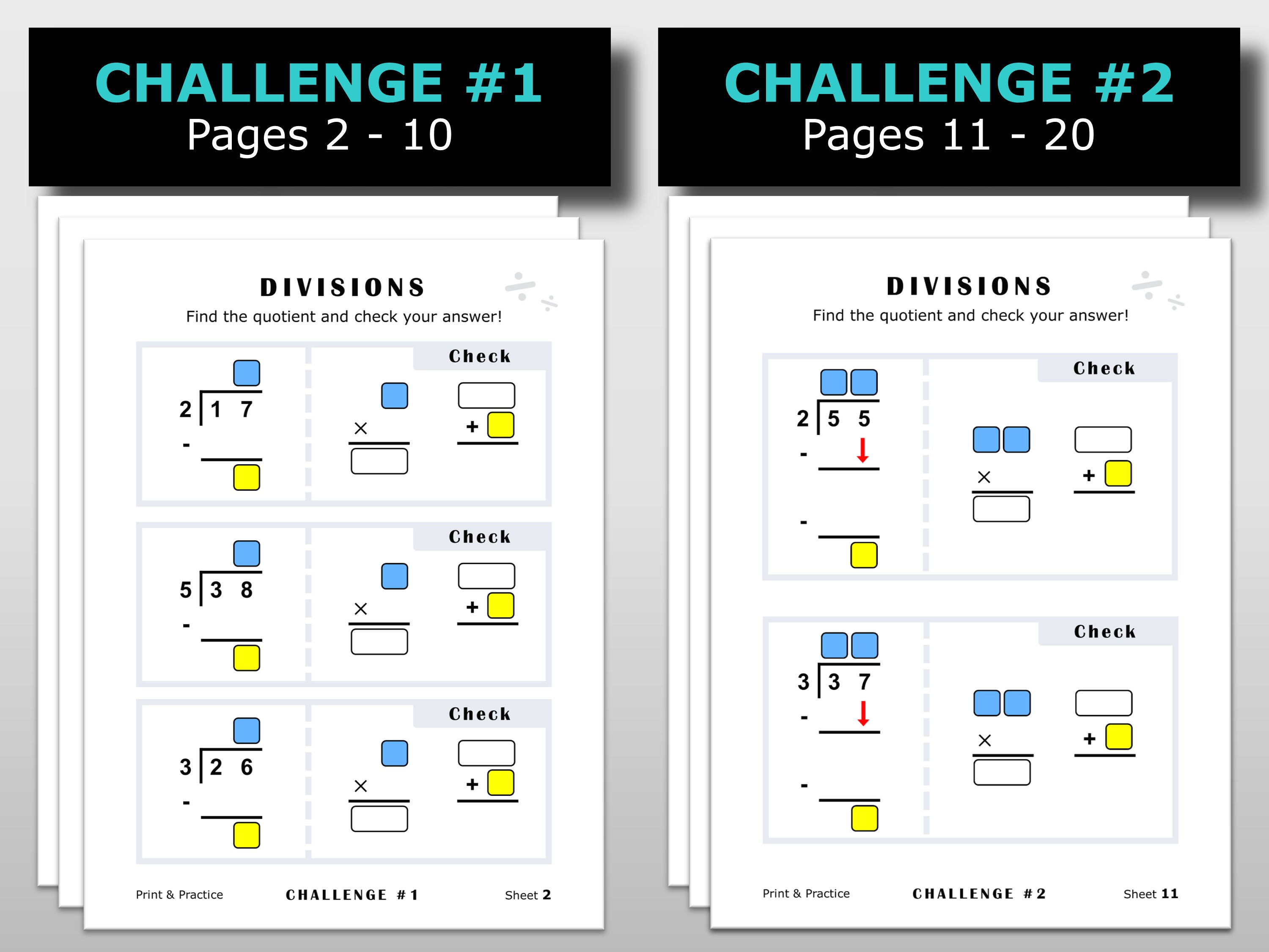 20 division worksheets printable pdf download practice short etsy