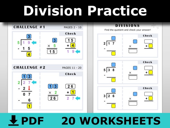 20 division worksheets printable pdf download practice short etsy