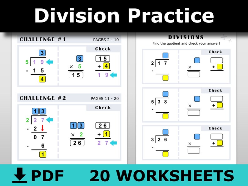 20 division worksheets printable pdf download practice short etsy ireland