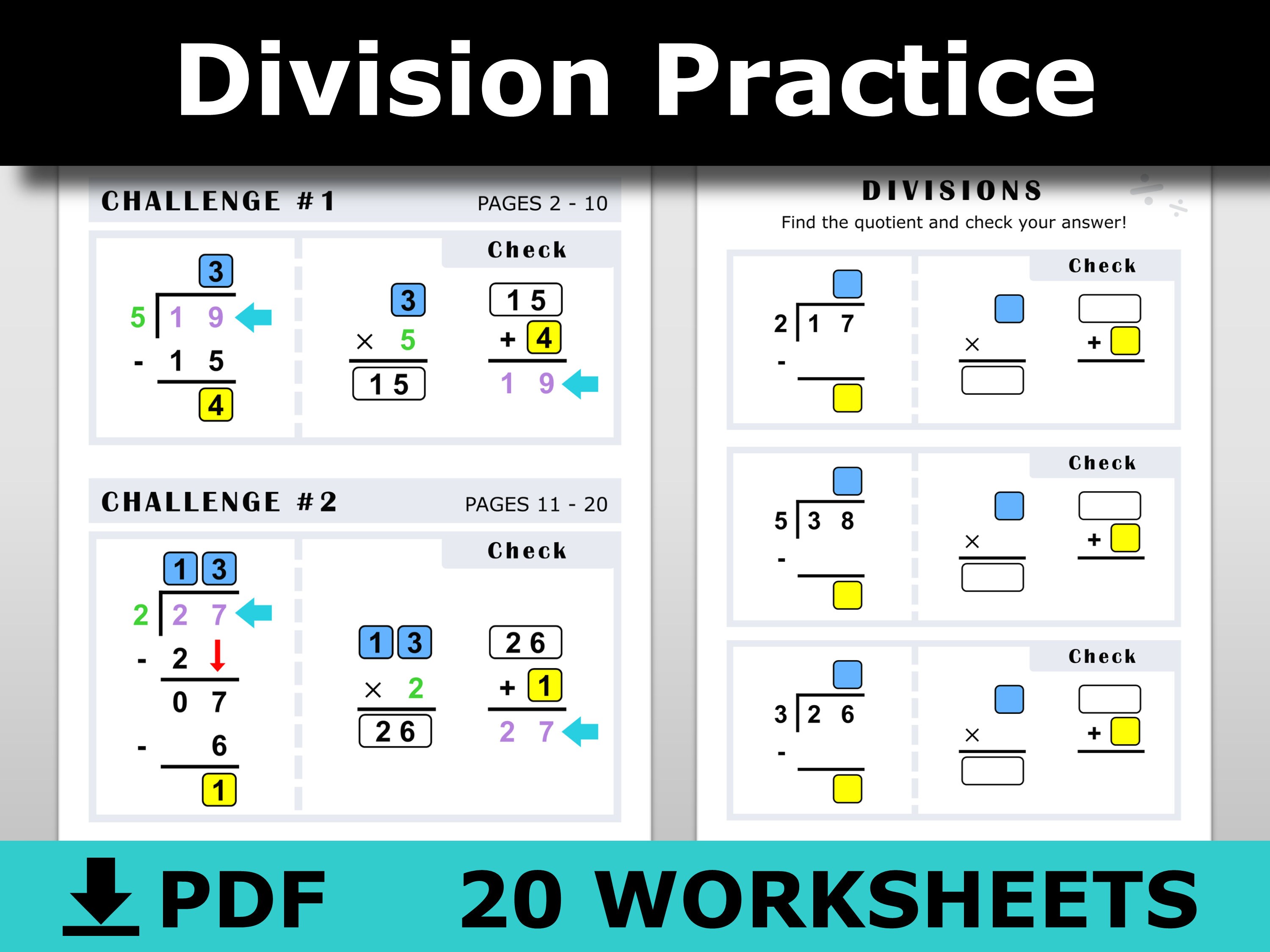 20 division worksheets printable pdf download practice short etsy