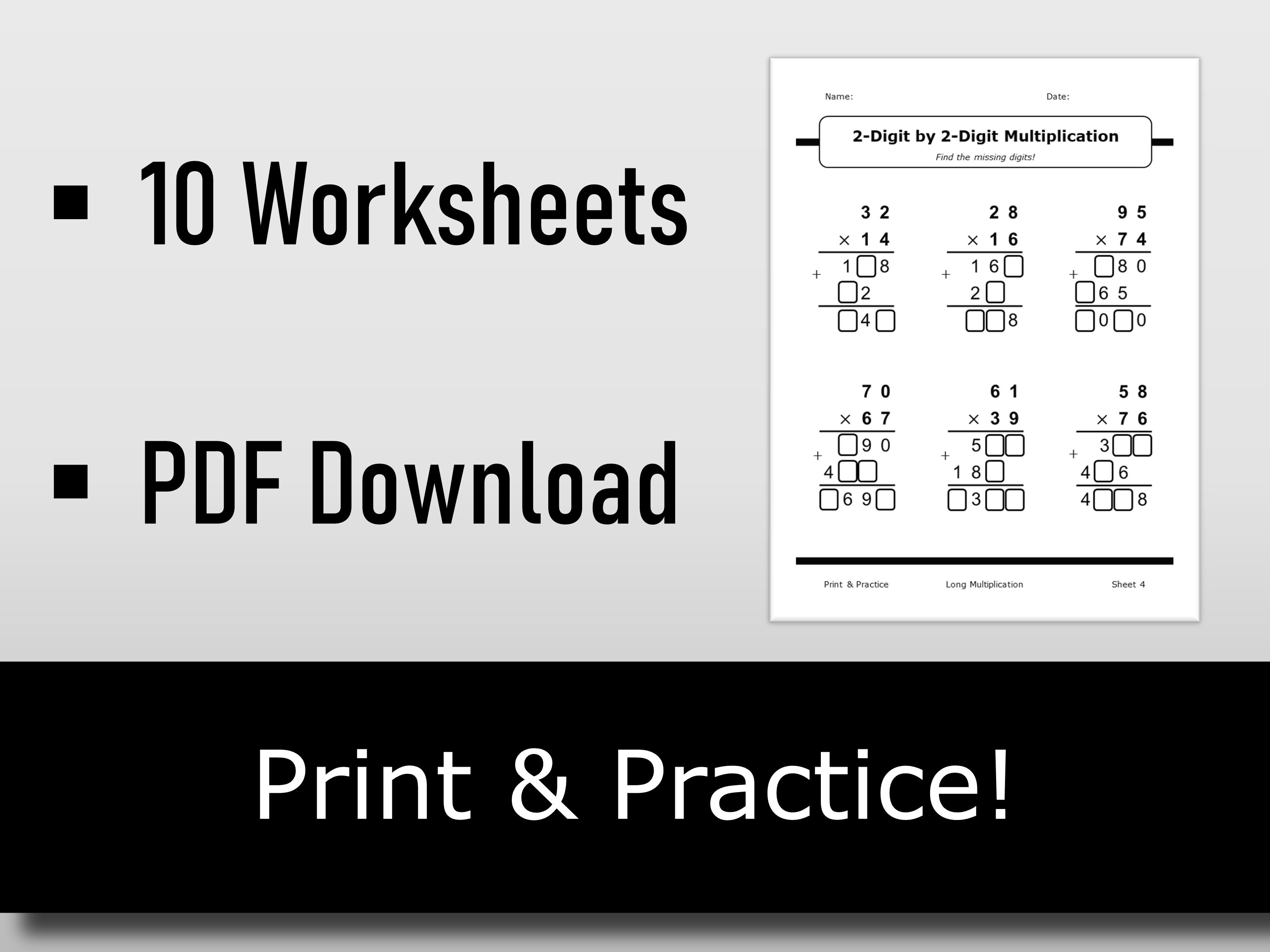 long multiplication worksheets printable pdf download etsy canada