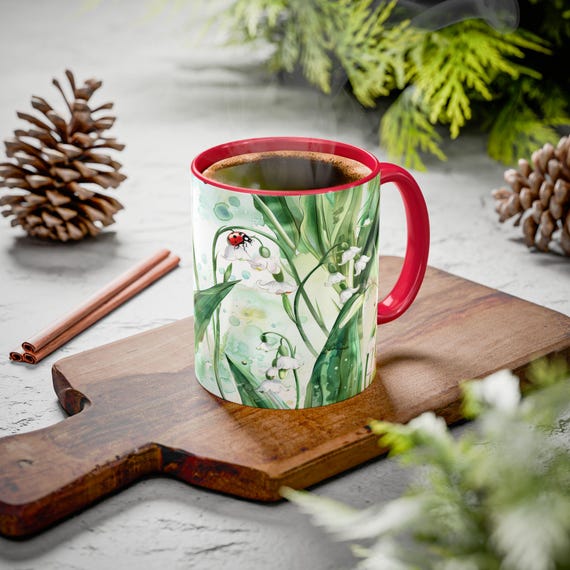 Lily of the Valley and Ladybug Mug, 11oz Red, Black and Green accent colors