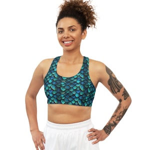 Teal Dragon Scale Seamless Sports Bra, Workout Top, Yoga Top, Dragon Yoga Shirt
