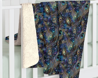 Peacock Feather Sherpa Fleece Blanket, Peacock Blanket, Peacock Feather Blanket, Peacock Feather Gift