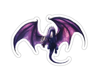 Könnte beinhalten: Ein lila Drache mit ausgebreiteten Flügeln, der in der Luft fliegt. Der Drache hat einen grimmigen Ausdruck und scharfe Krallen.