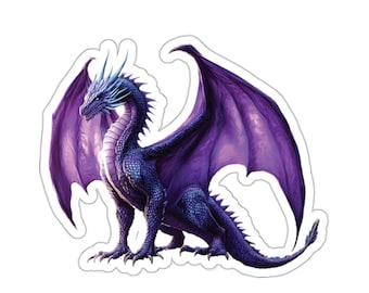 Könnte beinhalten: Ein lila Drache mit ausgebreiteten Flügeln, der auf allen Vieren steht und den Kopf zur Seite gedreht hat. Der Drache hat einen blauen und lila Körper mit einem weißen Horn auf dem Kopf.