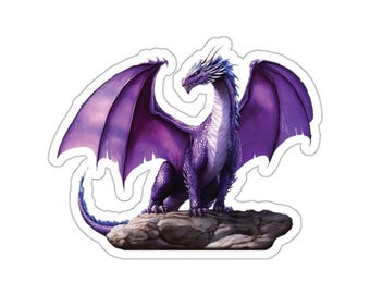 Könnte beinhalten: Ein lila Drache mit ausgebreiteten Flügeln, der auf einem felsigen Vorsprung sitzt. Der Drache hat einen langen, schlanken Hals und eine spitze Schnauze. Seine Schuppen sind tief lila und seine Augen sind leuchtend gelb.