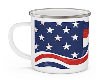 May include: White enamel camping mug with a red, white, and blue American flag design. The flag is waving and has a distressed look.