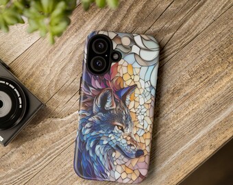 Mosaic Wolf iPhone Case, Stained Glass Design, Dual-Layer Protection