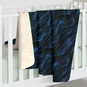 Blue Dragon Scales and Silk Abstract Sherpa Blanket - Cozy Winter Throw, Dragon Lover Gift, Dragon Home Decor, Dorm Bedding