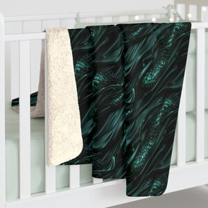 Green Dragon Scales and Silk Abstract Sherpa Blanket - Cozy Winter Throw, Dragon Lover Gift, Dragon Home Decor, Dorm Bedding