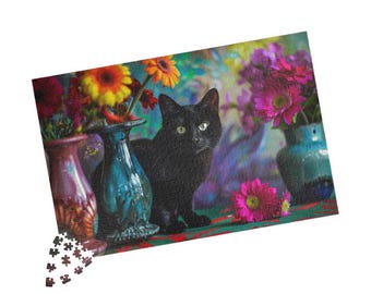 Black Cat and Flowers Jigsaw Puzzle: Family Craft (110-1014 Piece)