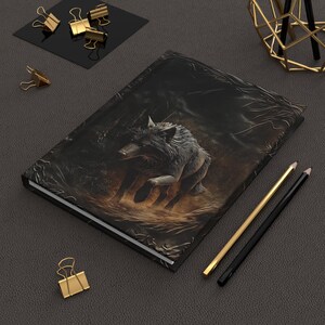 May include: A black wolf with white markings walks through a dark forest. The wolf is depicted in a realistic style with detailed fur and a menacing expression. The background is a dark forest with a golden glow emanating from the wolf.