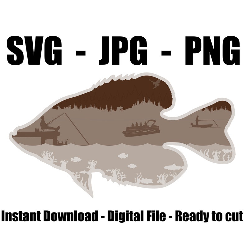 May include: A digital file of a brown and gray silhouette of a fish with a lake scene inside. The scene includes a person fishing from a dock, a boat with people, and a person fishing from a small boat. The text "SVG - JPG - PNG" is at the top of the image. The text "Instant Download - Digital File - Ready to cut" is at the bottom of the image.