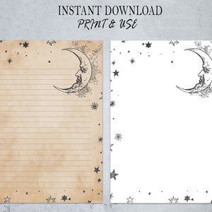 Vintage Nocturnal Night Sky Printable Stationery Paper Set, Crescent Moon and Stars, Plain ...
