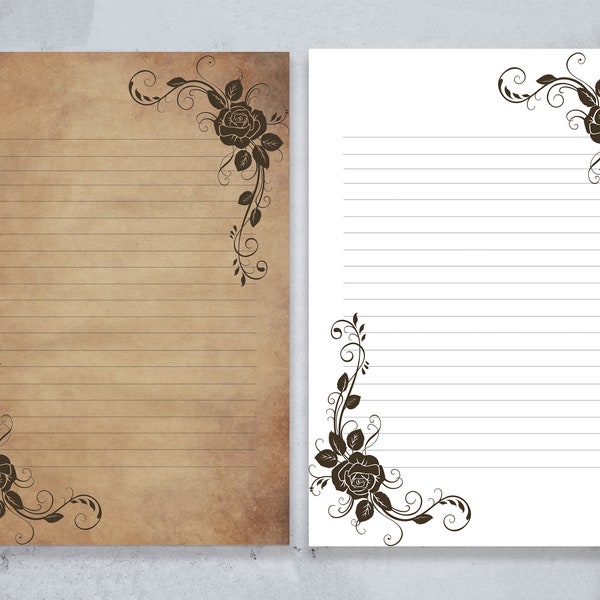 Victorian Black Rose Printable Stationery, Set of 22 Papers, Plain & Parchment Style, A4 | US Letter Size