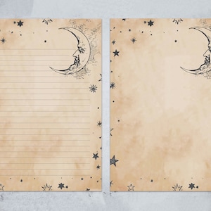 Vintage Nocturnal Night Sky Printable Stationery Paper Set, Crescent Moon and Stars, Plain & Parchment Style, A4 | US Letter Size