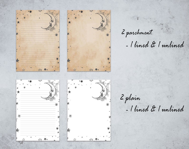 Vintage Nocturnal Night Sky Printable Stationery Paper Set, Crescent Moon and Stars, Plain ...