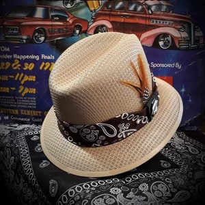 Classic Traditional Garcia Khaki Fedora Lowrider hat w/bandana band