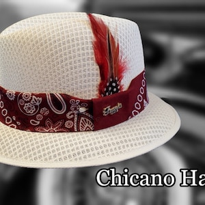 Classic Traditional Garcia White hat Fedora Lowrider w/Burgundy bandana