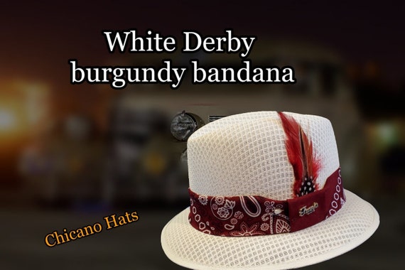 Traditional White Garcia Derby Fedora Lowrider hat w/bandana band