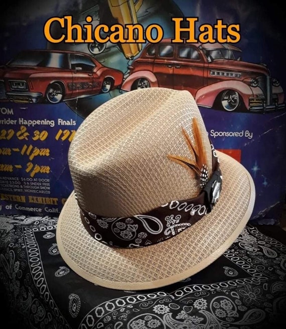 Traditional Khaki Garcia Derby Fedora Lowrider hat w/bandana band