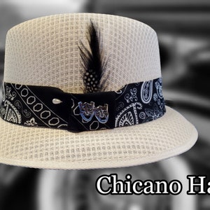 Classic Traditional Garcia White Fedora Lowrider hat w/bandana band