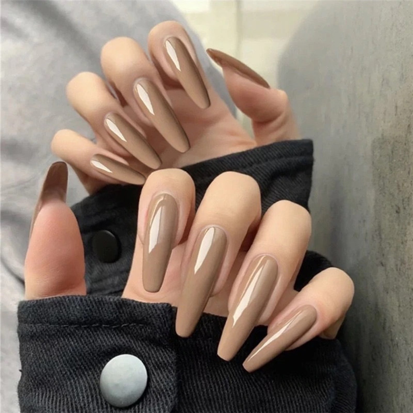 Light Brown Press On Nails Coffin Fake Nail Tips 24 Pcs Etsy