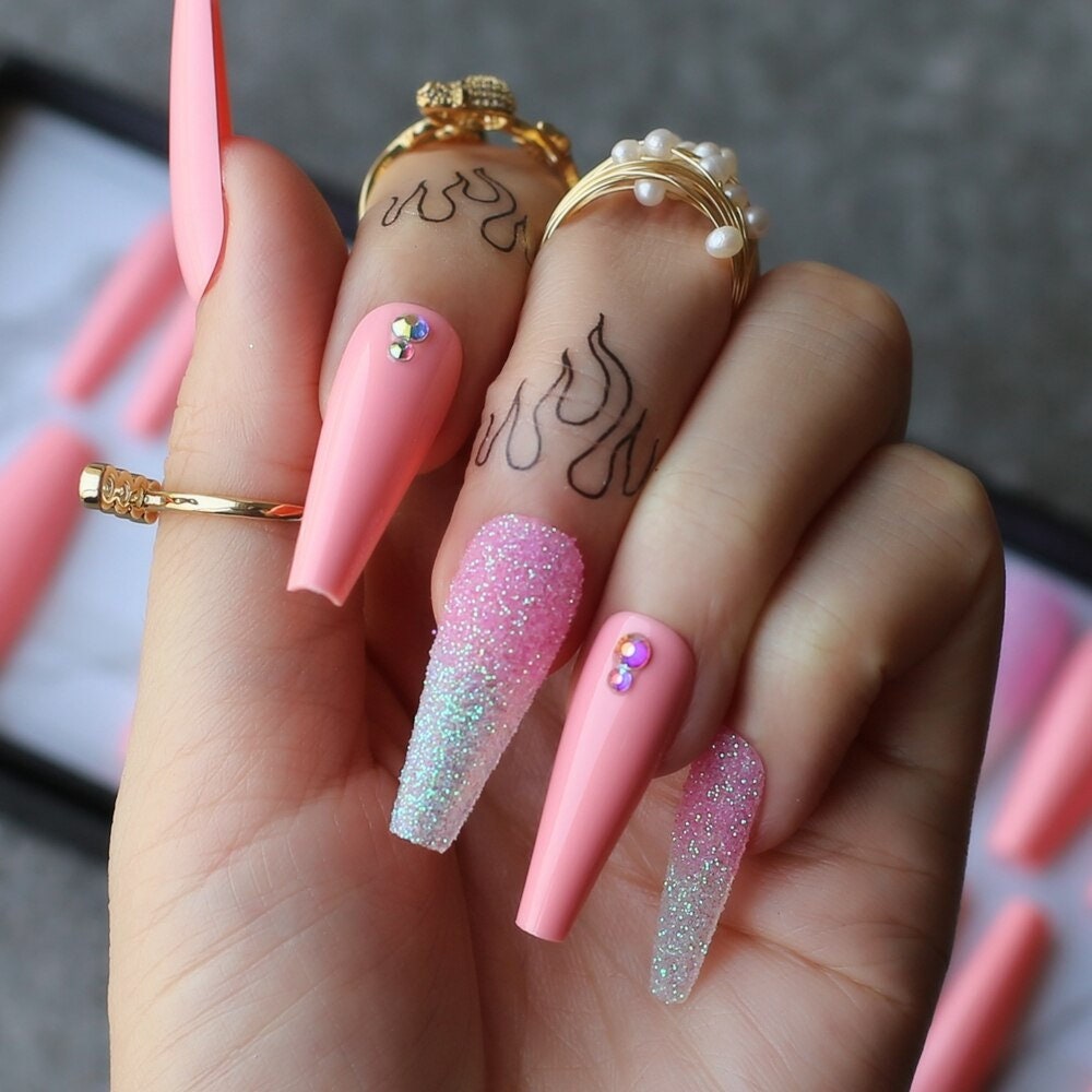 Pink false nails press ons acrylic stick on nails coffin Etsy