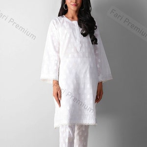 Khaadi Brand Ready To Wear Women&#39;s White Cotton Chikankari Kurta Pakistani/Indian Small/40 Bust-Round