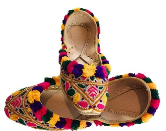 Women's Cream Flat Shoes Multi-Color Embellished Khussa Punjabi Jutti US Size 6 7 Pakistani Indian - Ready to Ship from USA