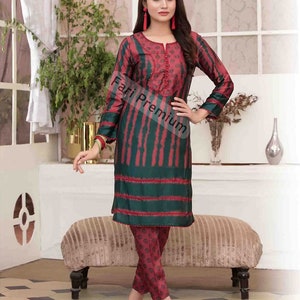 Large Tawakkal 2-Piece Embellished Satin Silk Tie & Dye Shalwar Kameez Suit Pakistani/Indian L/43 - Free Shipping