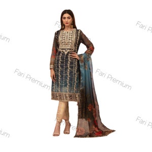 May include: A woman is wearing a long-sleeved, blue and gold patterned dress with a matching dupatta. The dupatta is a light blue and white floral print. The dress has a high neckline and is embroidered with gold thread. The woman is wearing beige pants and gold heels.