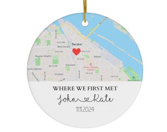 Personalized Where We First Met Ceramic Ornament Custom Names Location of First Date Couples Gift