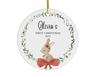 Personalized First Christmas Bunny Wreath Ornament #96 | Cute Ornament | Xmas Tree Decor | 2023 Ornament | Ceramic Ornaments