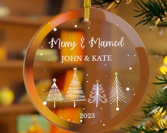 Merry & Married Personalized Glass Ornament #289 Custom Name Couples Gift First Christmas Married 2023