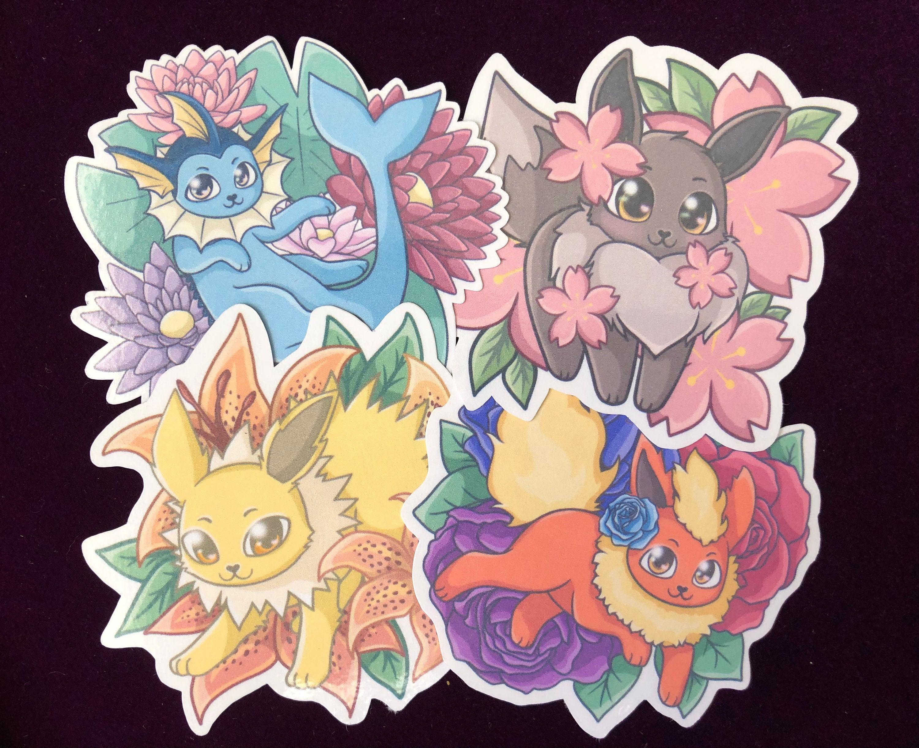 Flower Eeveelution Stickers - Eevee, Flareon, Jolteon, \u0026 Vaporeon - Etsy, image size:3000x2441