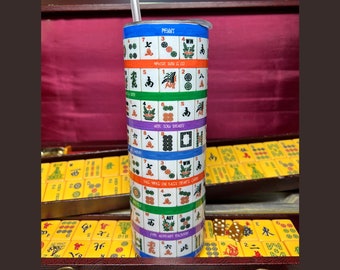 Vaso de Mahjong con frases / Vaso térmico de 590 ml con pajita para bebidas frías o calientes / Blanco clásico o amarillo vintage / Personalizable