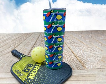 Personalized Pickleball Tumbler With Sayings | Insulated 20 oz Skinny Cup with Straw | Hot or Cold | Available in 4 Colors
