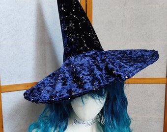 blu velvet witch hat with gold stars