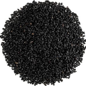 May include: A close-up image of a pile of black seeds against a white background. The seeds are small, oval-shaped, and densely packed together. The seeds have a shiny, smooth texture and a dark, uniform color.