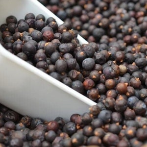 May include: A white scoop filled with dark brown juniper berries. The berries are piled high in a brown paper bag.